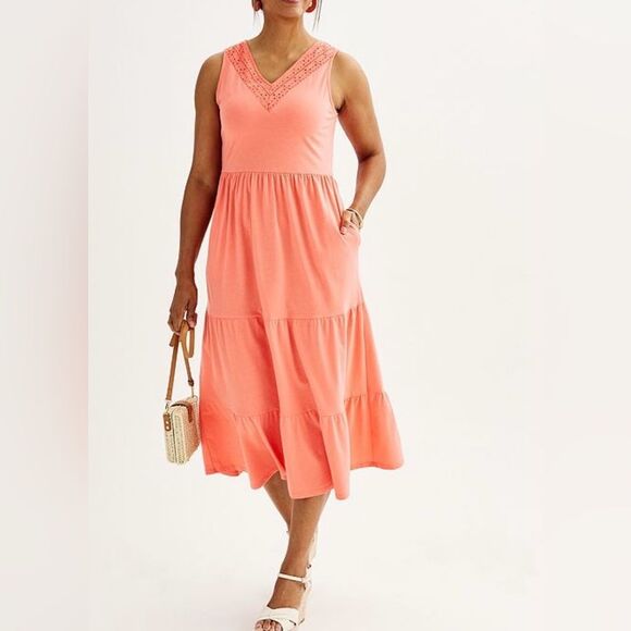 Croft & Barrow plus size women’s Eyelet style v neck tiered Midi Dress 0X EUC - Picture 2 of 12